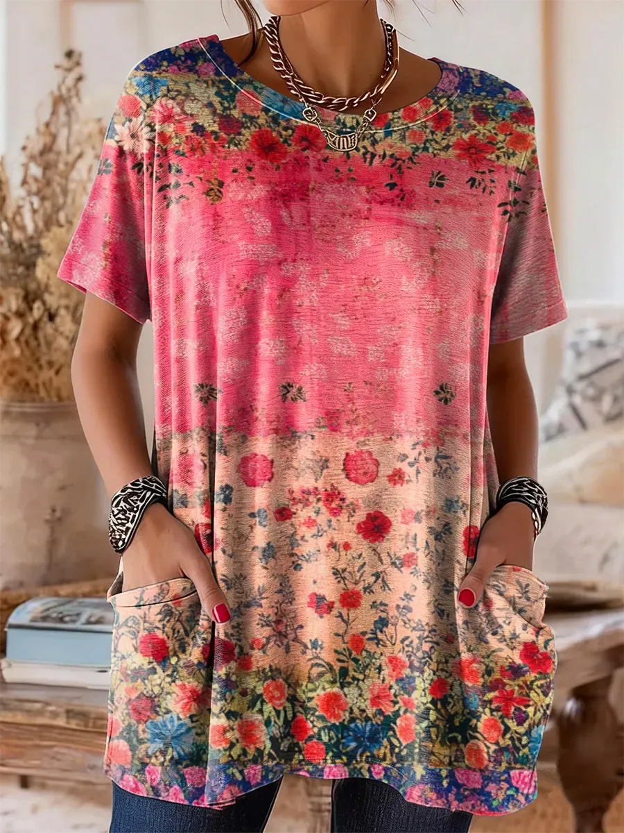 Women's Vintage Floral Pattern Art Print Casual Short-sleeve Crew Neck