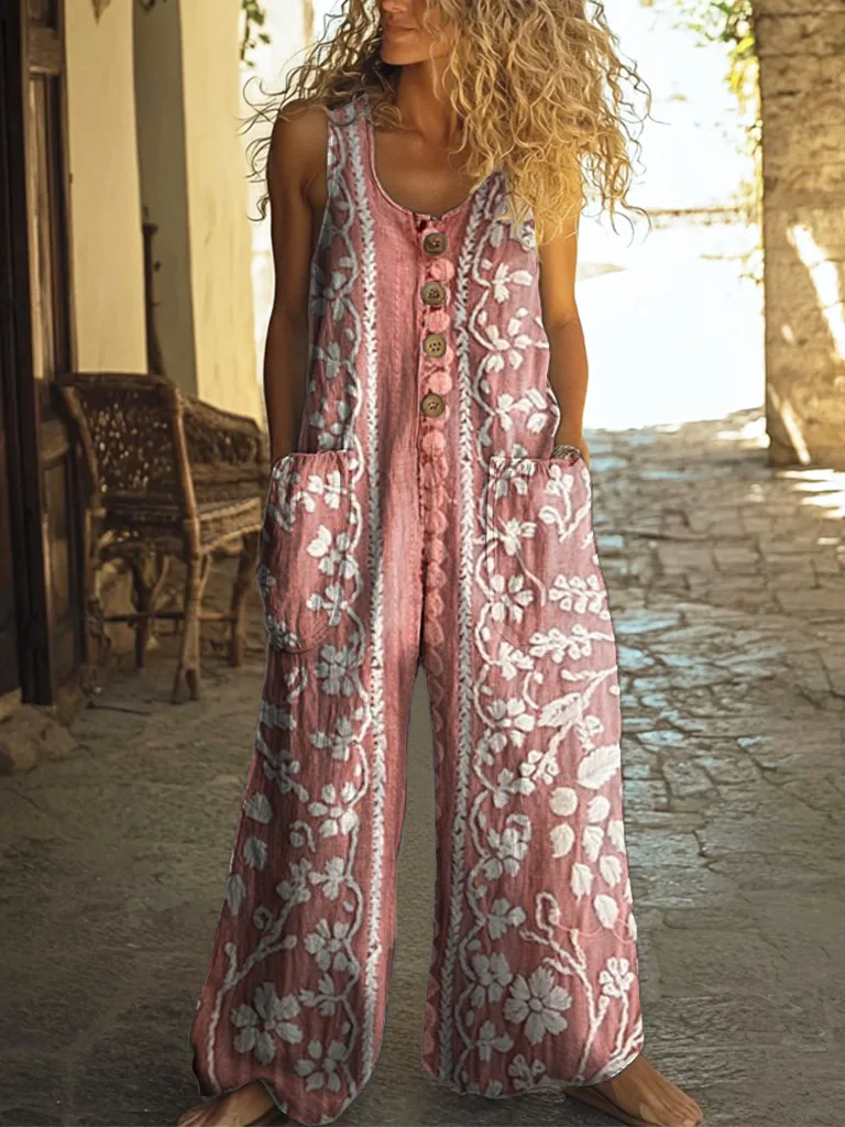 Women's Vintage Ethnic Floral Art Print V-neck Casual T-Shirt