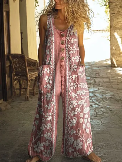 Women's Vintage Ethnic Floral Art Print V-neck Casual T-Shirt