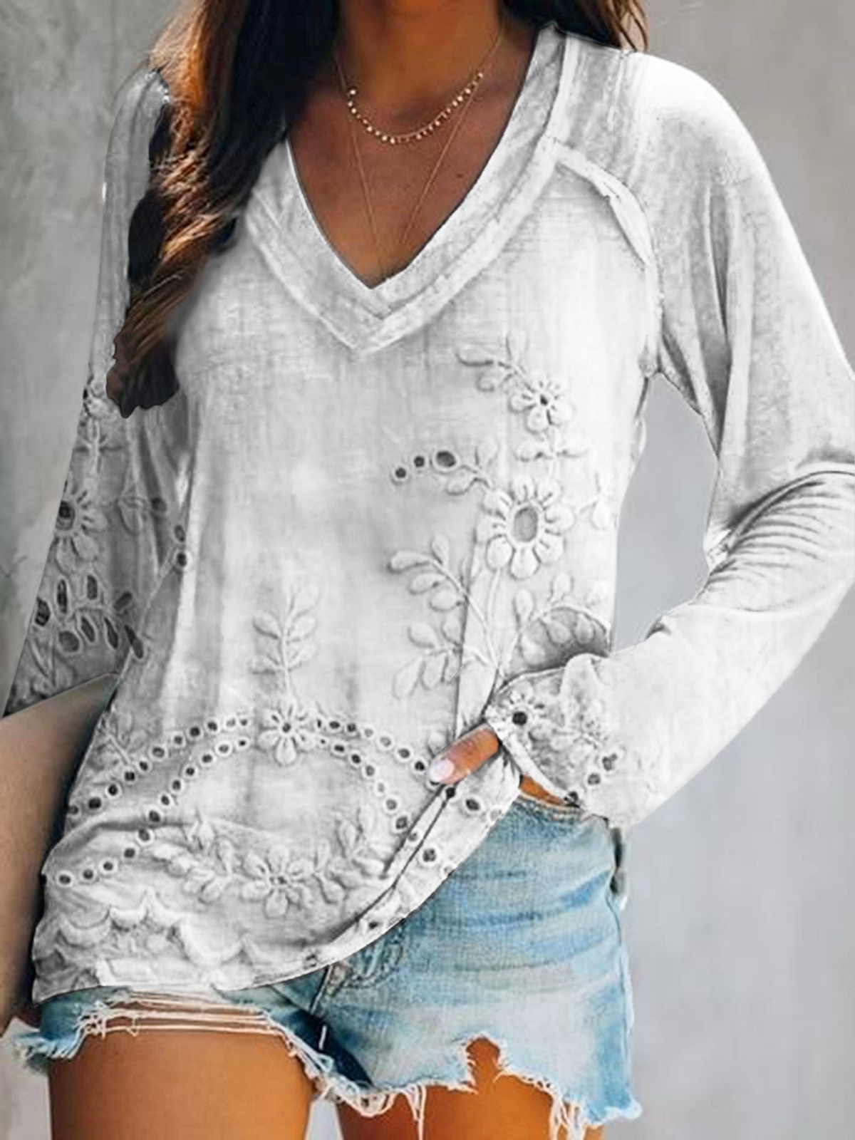Women's Vintage Floral Texture Art Print V Neck Long Sleeve Tops