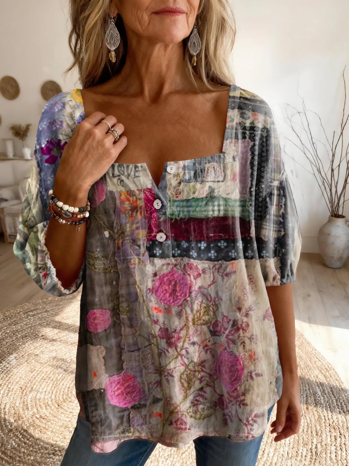 Women's Bohemian Style Textured Floral Art Print Casual Square Neck Top