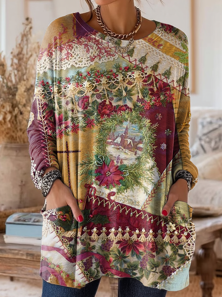 Women's Vintage Floral Art Print Casual Long-Sleeve Crew Neck Cotton T-Shirt