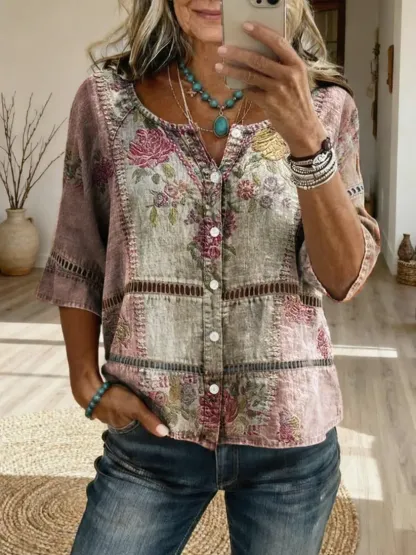 Women's Floral Art Print Casual Cutout Top