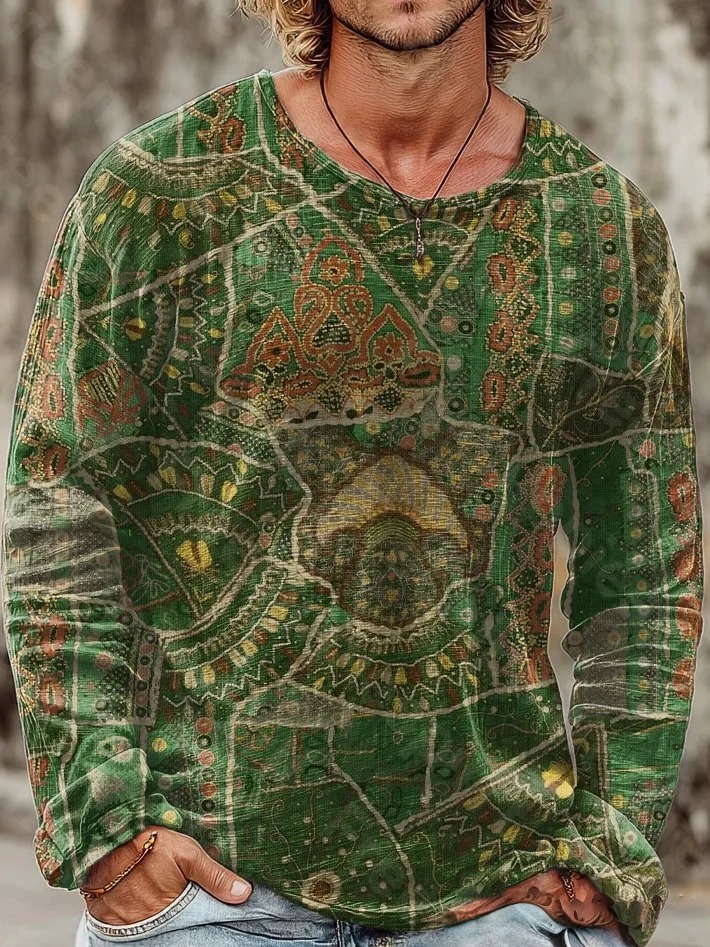 Men's Vintage Ethnic Green Floral Art Print Casual Cotton Crew Neck Lo