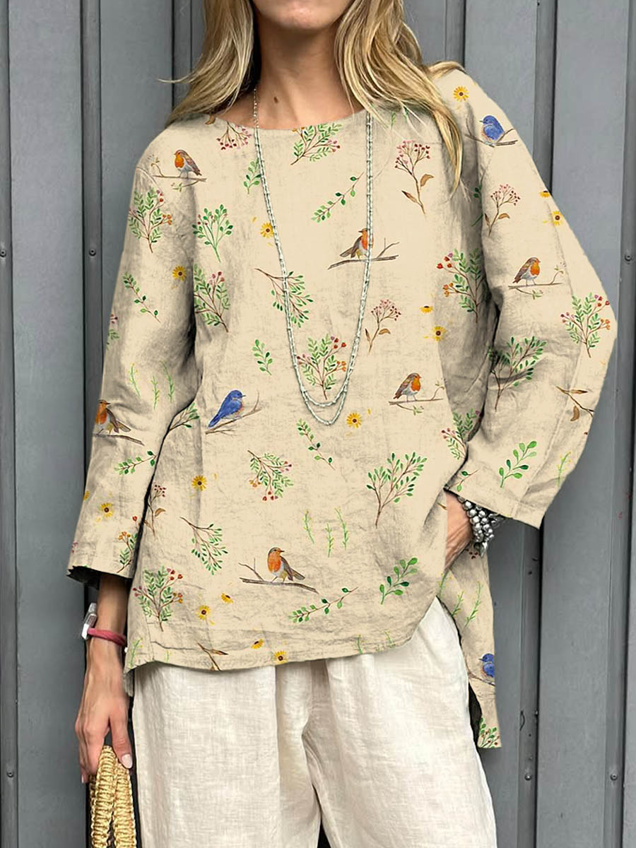 Women's Vintage Floral Birds Art Print Casual Cotton Linen Shirt