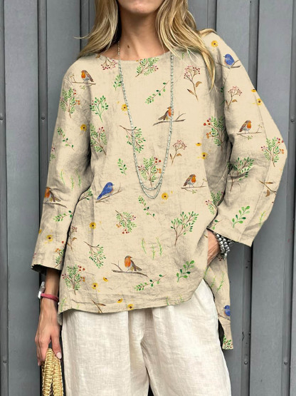 Women's Vintage Floral Birds Art Print Casual Cotton Linen Shirt