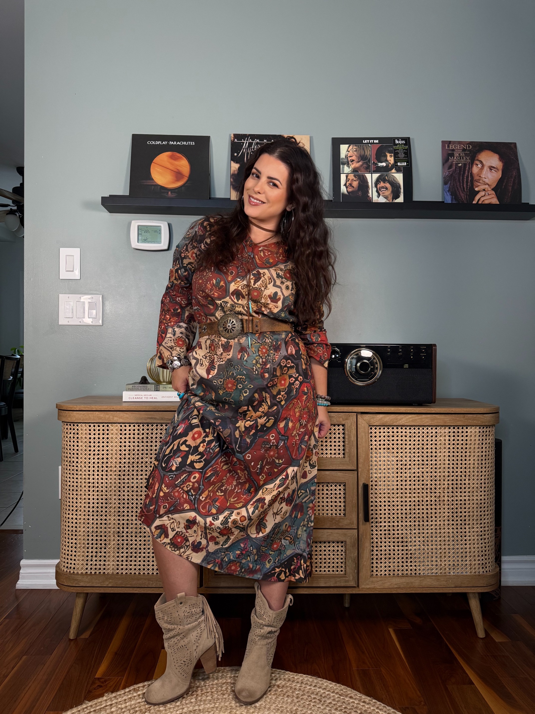 Women's Retro Colorful Floral Art Print Pocket Cotton Dress