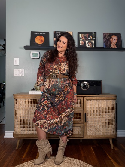 Women's Retro Colorful Floral Art Print Pocket Cotton Dress