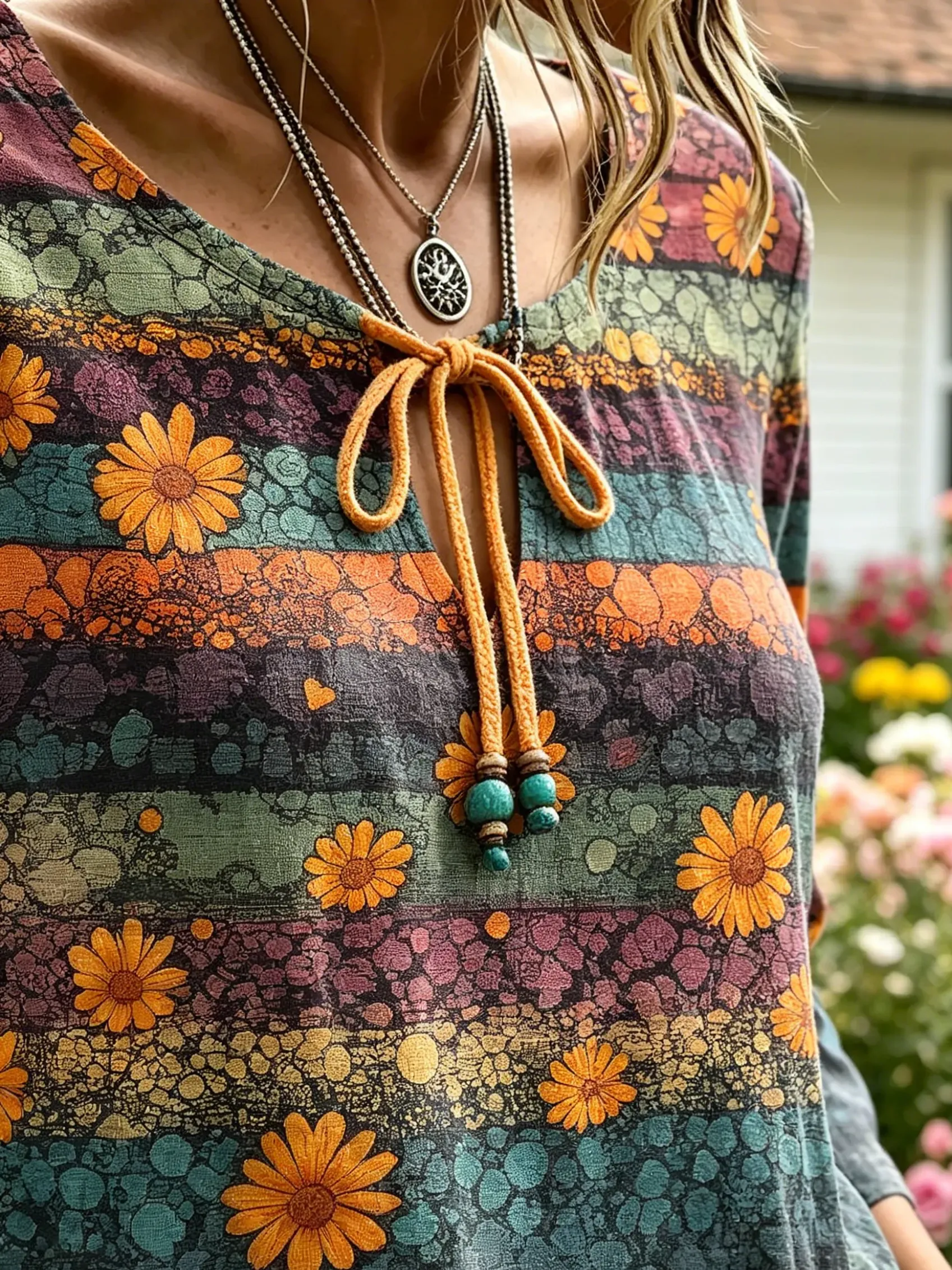 Women's Vintage Crackle Daisy Stripe Print Tie V-Neck Top