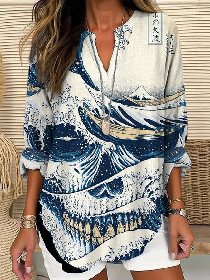 Women's Vintage Japanese Art Ukiyoe Wave Skull Print Linen V-neck Shirt
