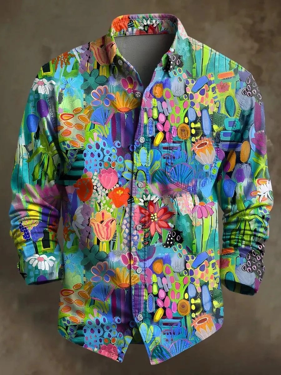 Retro Leisure Multicolor Flowers Art Print 100% Cotton Long Sleeve Shirt
