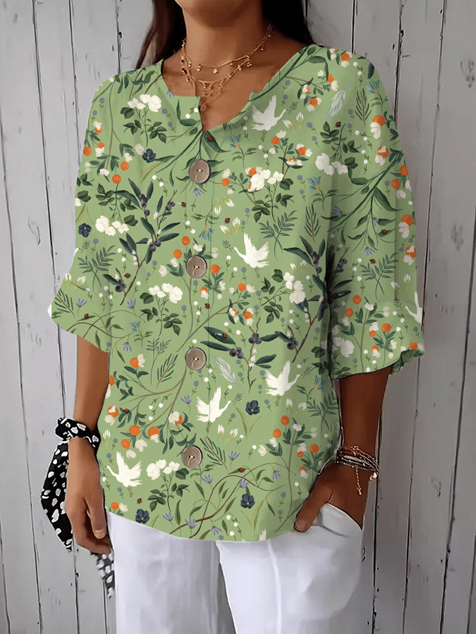 Women's Forest Floral Print Button-Down Casual Shirt