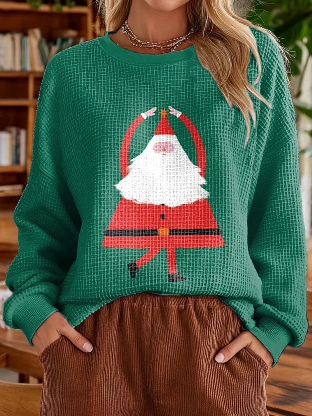Women's Vintage Cute Green Santa Claus Art Print Casual Round Neck Pul