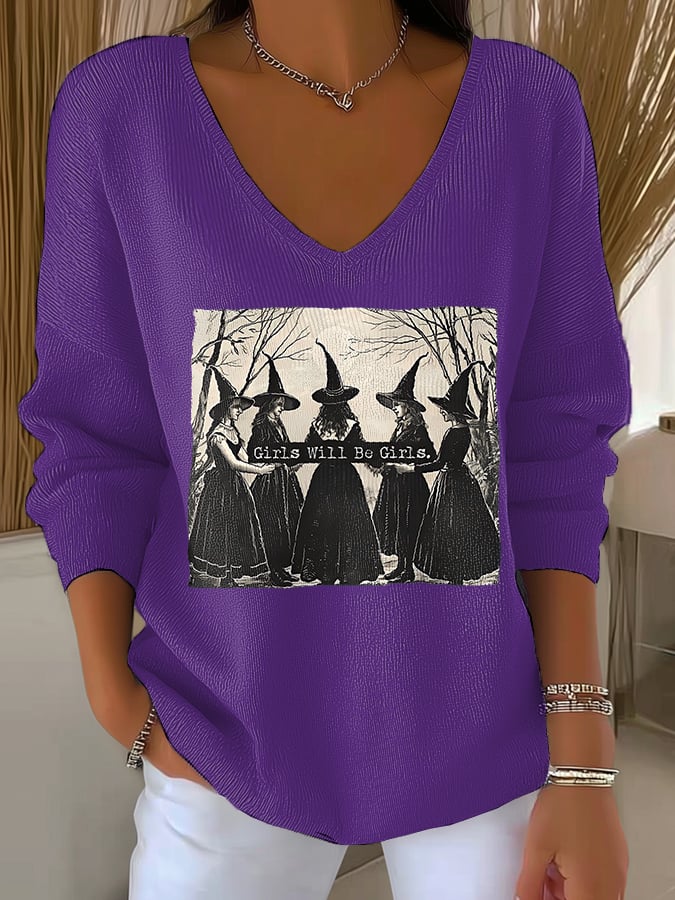 🔥Buy 2 Get 8% Off🔥Women's Vintage Girls Will Be Girls Witch Print V Neck Sweater