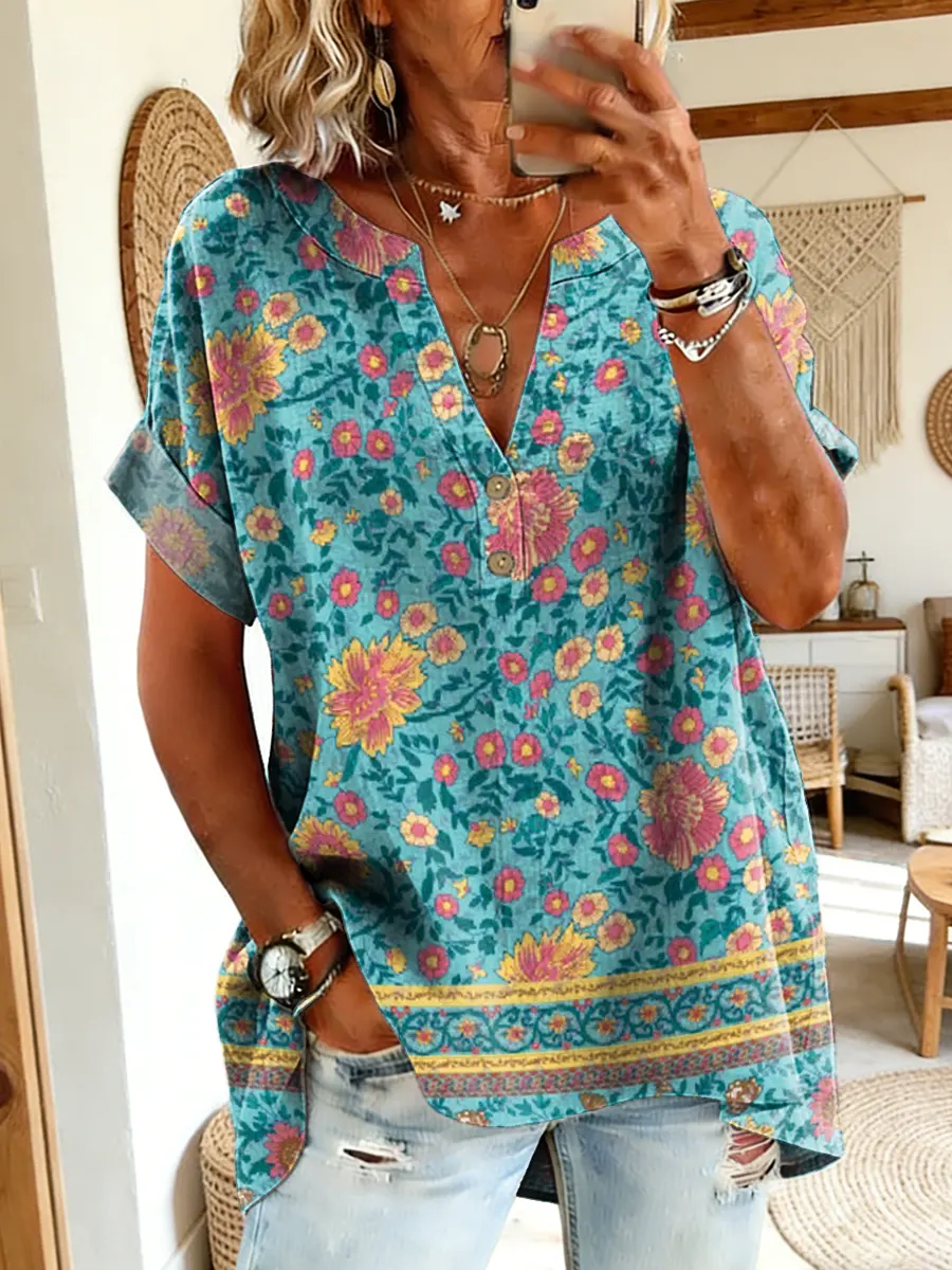 Women's Boho Floral Art Print Short-Sleeve Cotton Shirt
