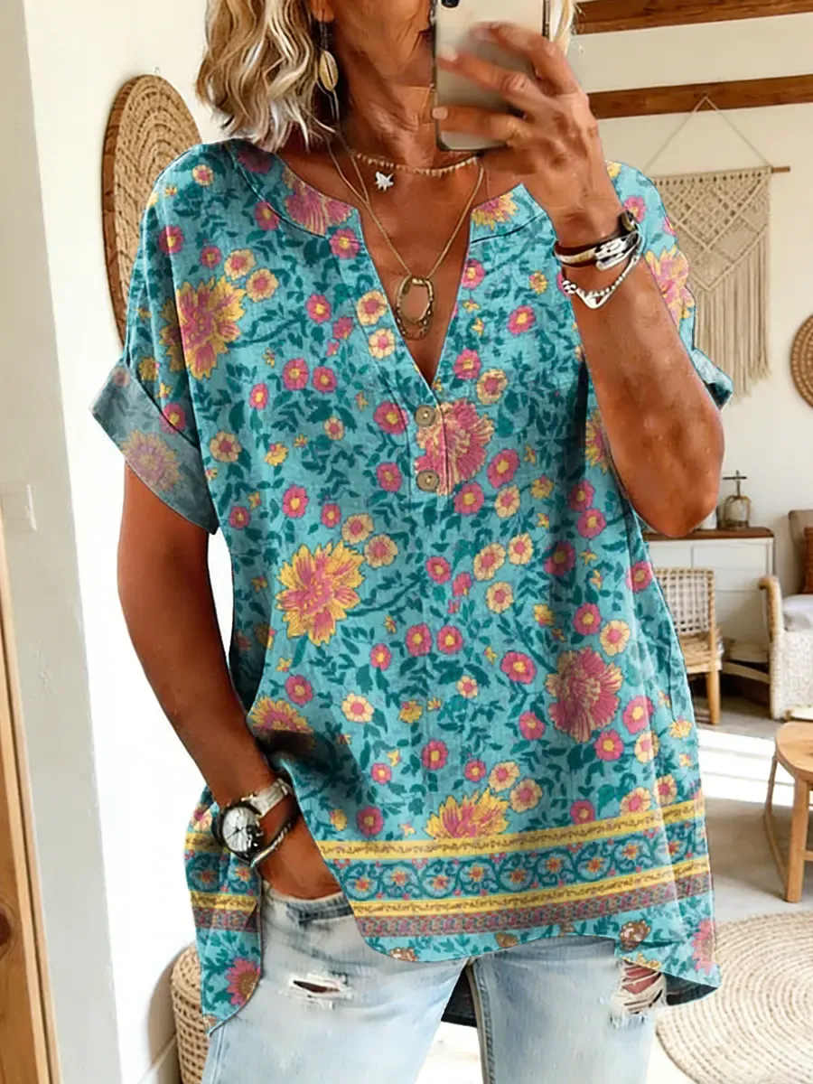 Women's Boho Floral Art Print Short-Sleeve Cotton Shirt