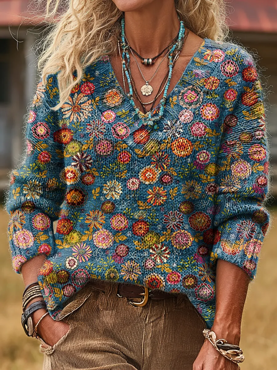 Unisex Retro Floral Art Print Casual Long-Sleeve V-Neck Wool Blend Kni