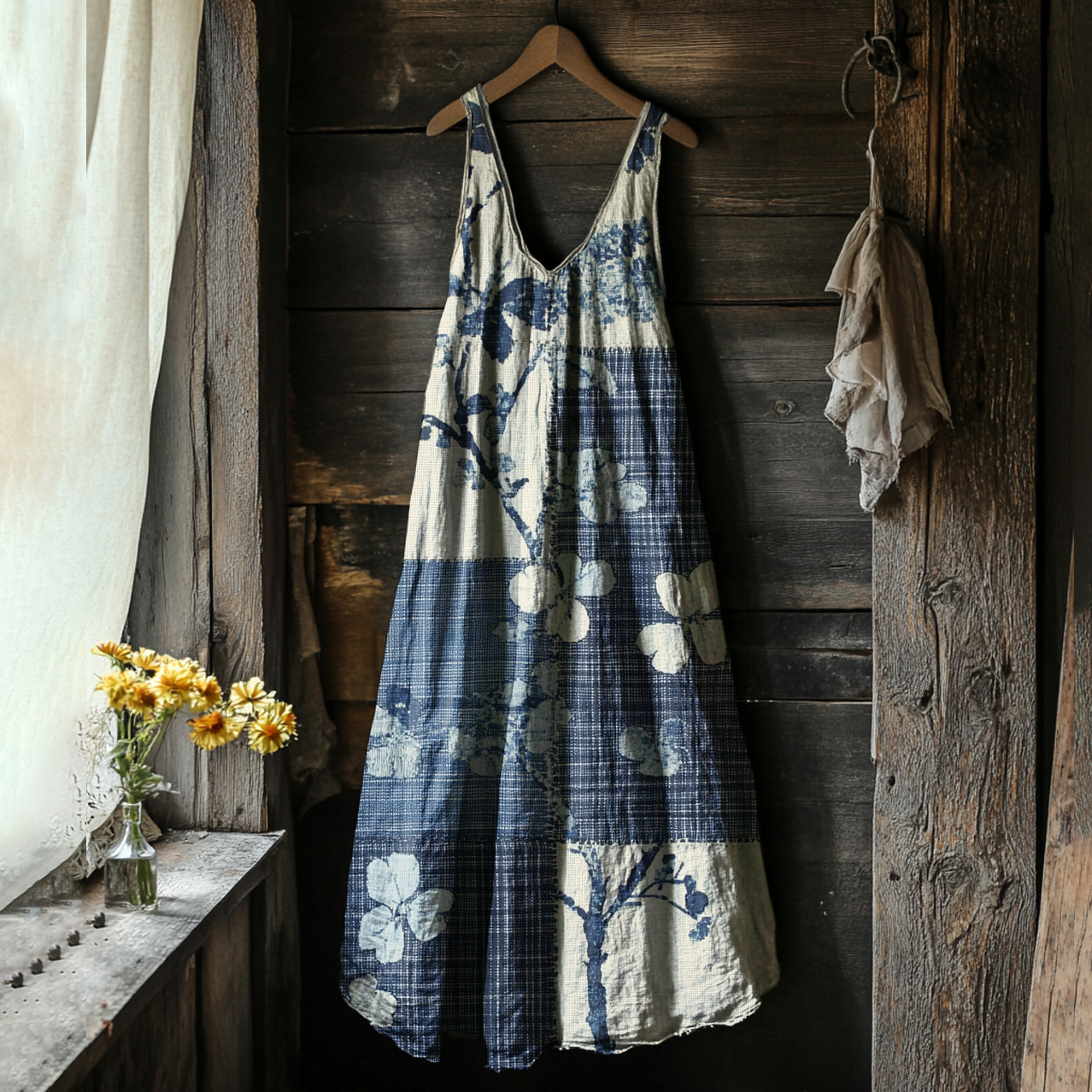Women's Vintage Floral Art Linen Vest Dress