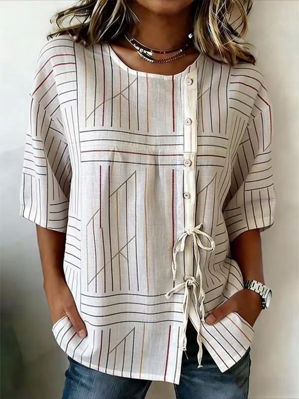 Women's Casual Round-Neck Printed Cotton-Linen Top