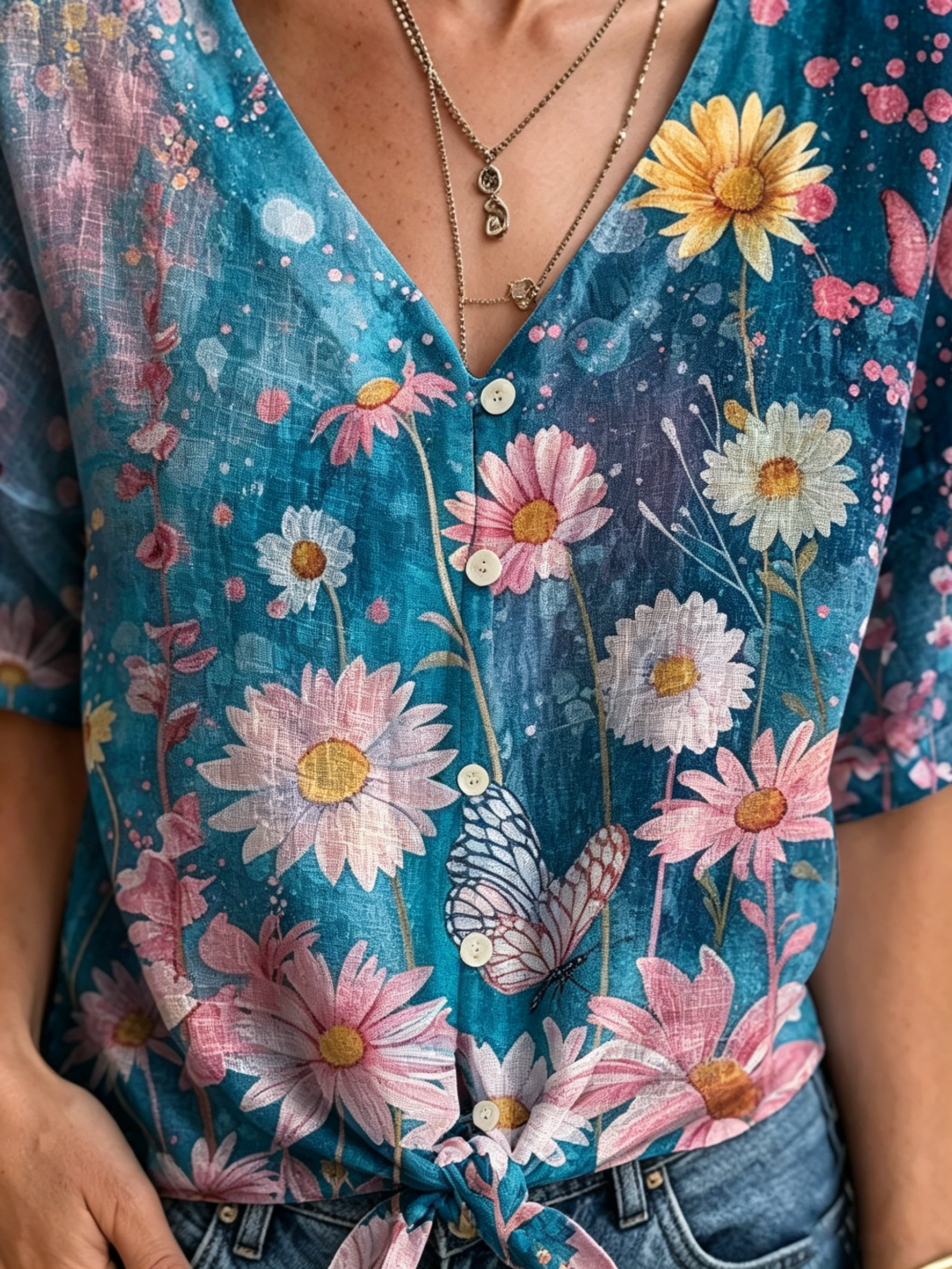 Women's Retro Floral Art Print Casual Short-sleeve V-neck Cotton Linen Cardigan Shirt