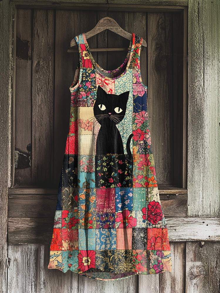 Vintage Cat Floral Patchwork Art Linen Blend Tank Dress
