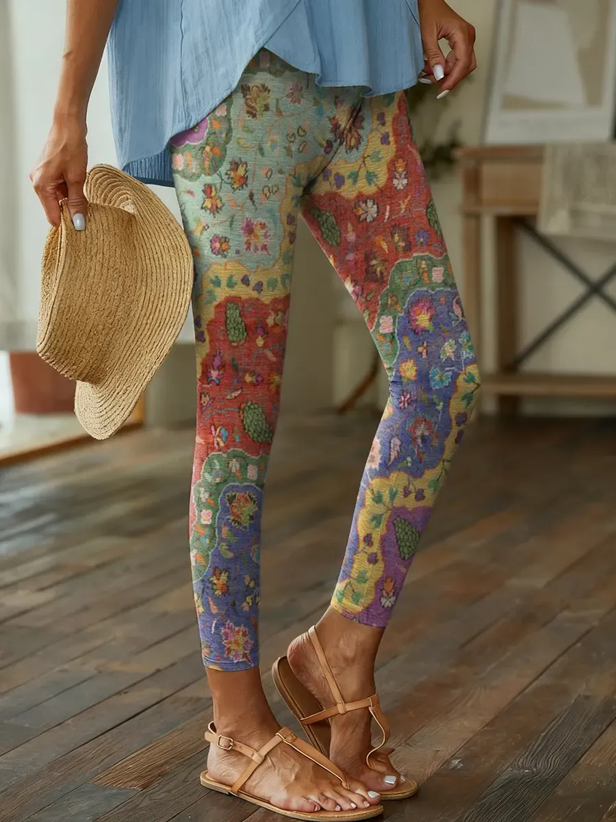 Women's Ethnic Floral Wave Collage Art Print Leggings