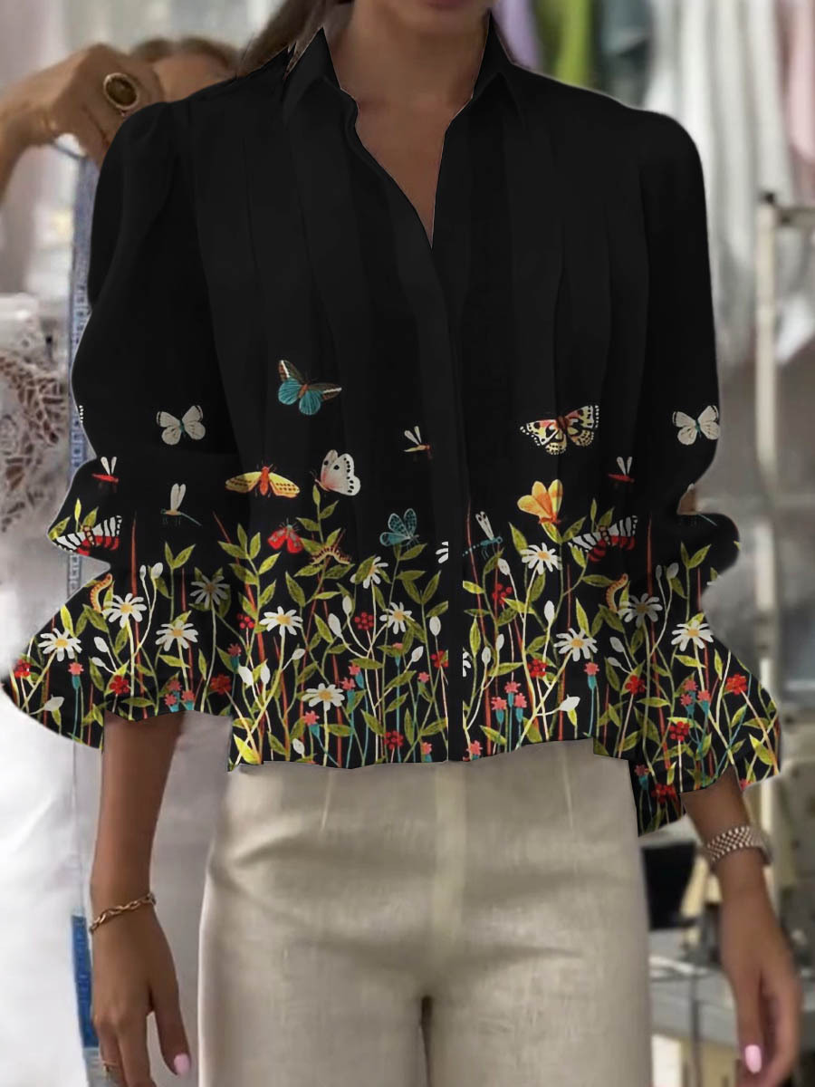 Women's Lapel Long Sleeve Positioning Printed Casual Cotton and Linen 