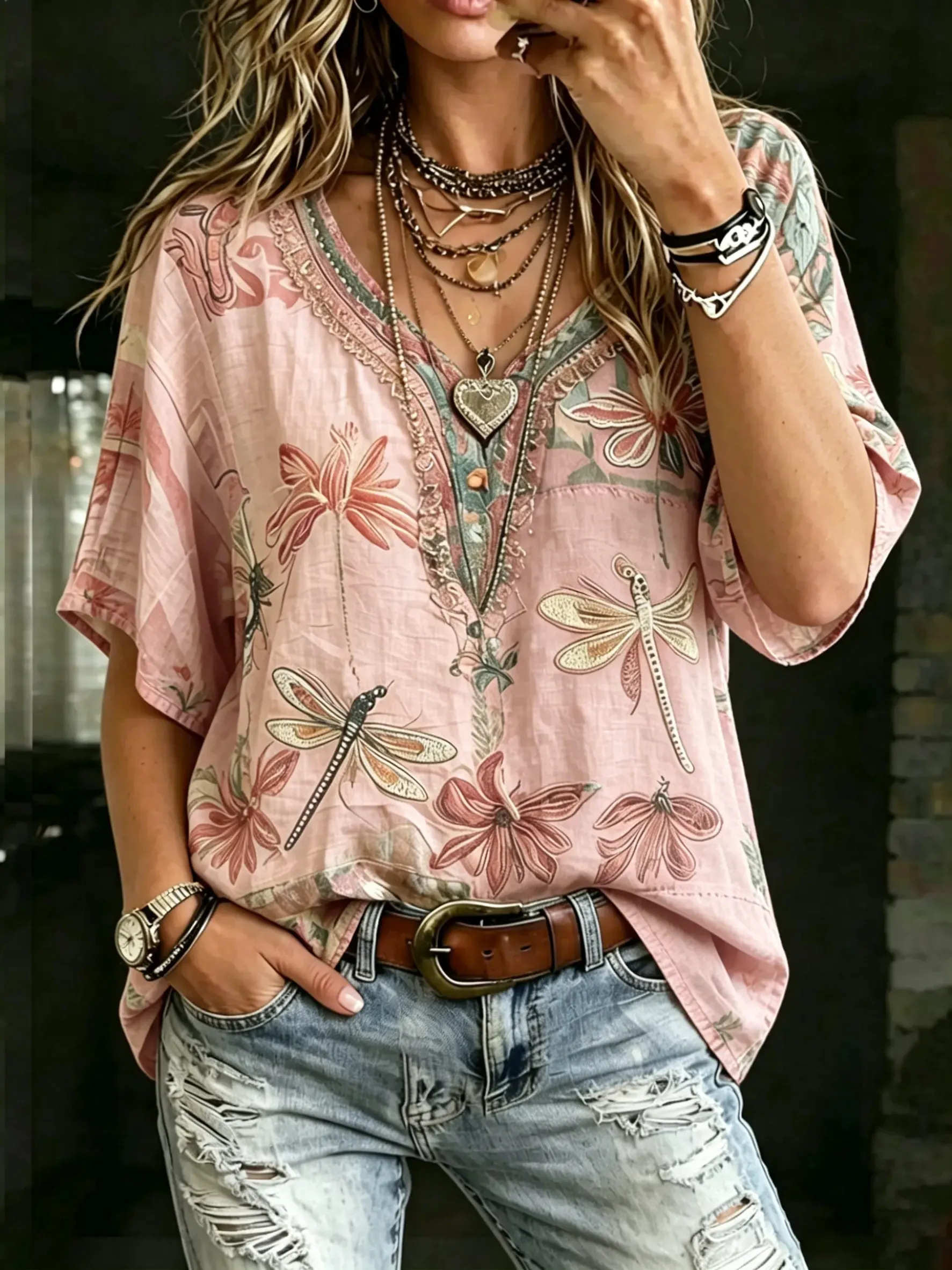 Women's Boho Dragonfly Floral Print Cotton V-Neck Tee