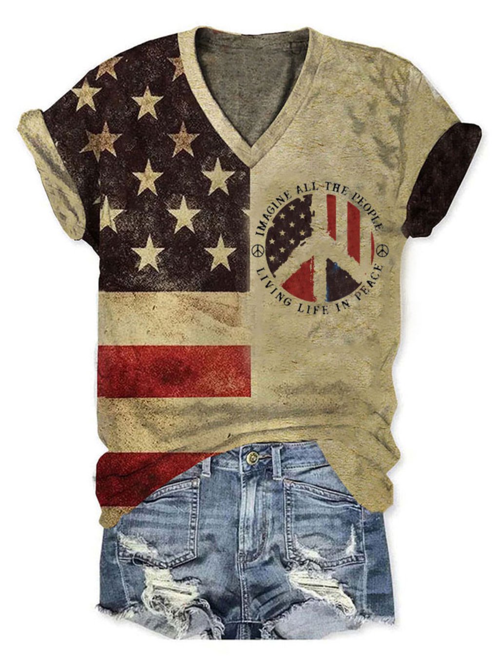 Women's 4th of July Imagine All The People Living Life In Peace Flag Print V-Neck T-Shirt