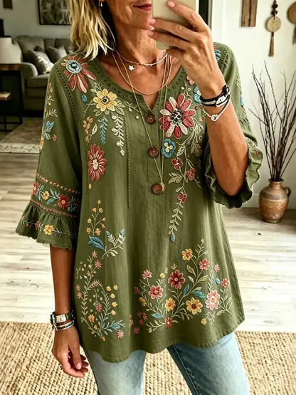 Women's Retro Floral Button Linen T-shirt