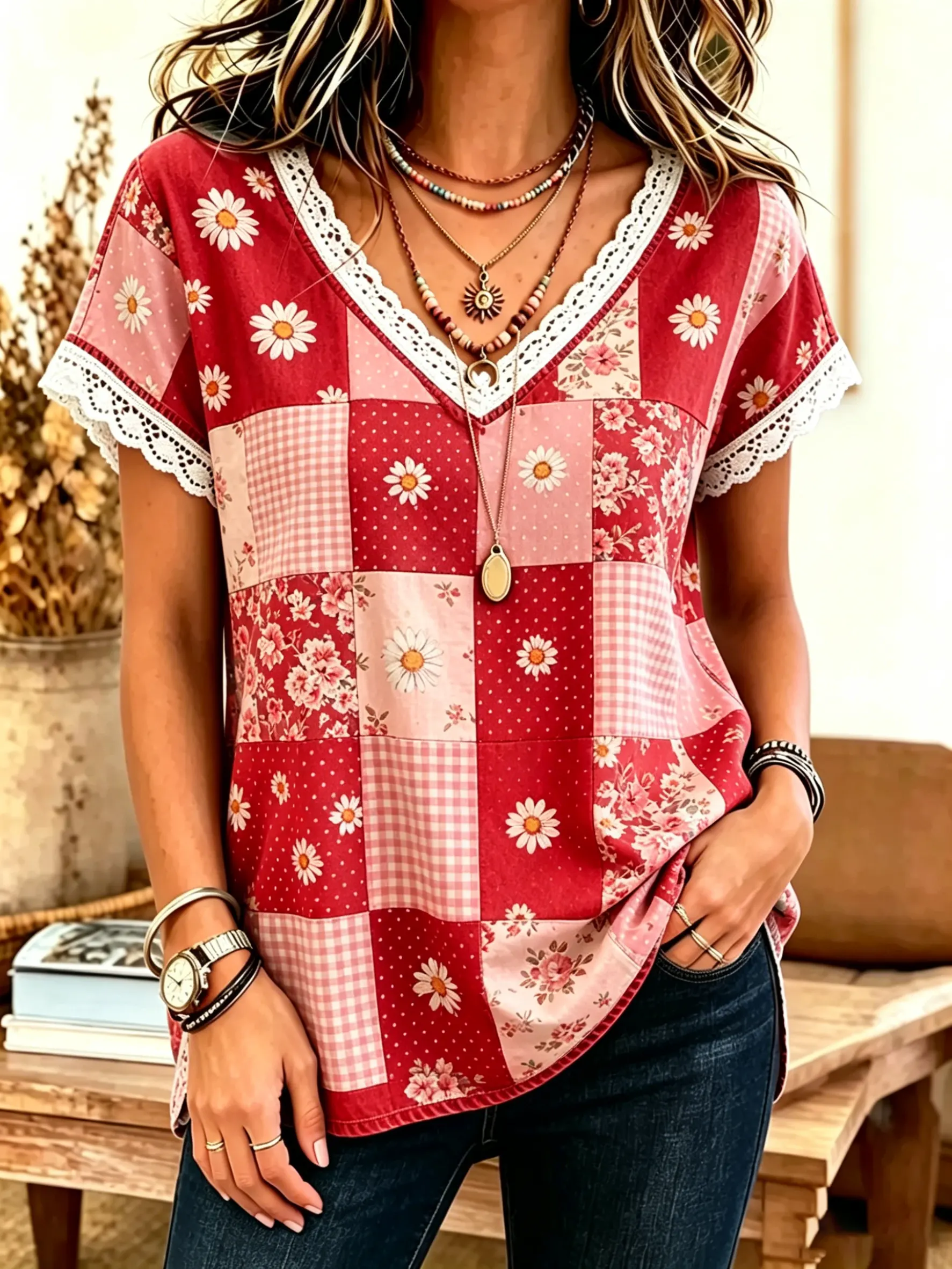 Women's Patchwork Floral Print Cotton Lace Trim V-Neck Blouse