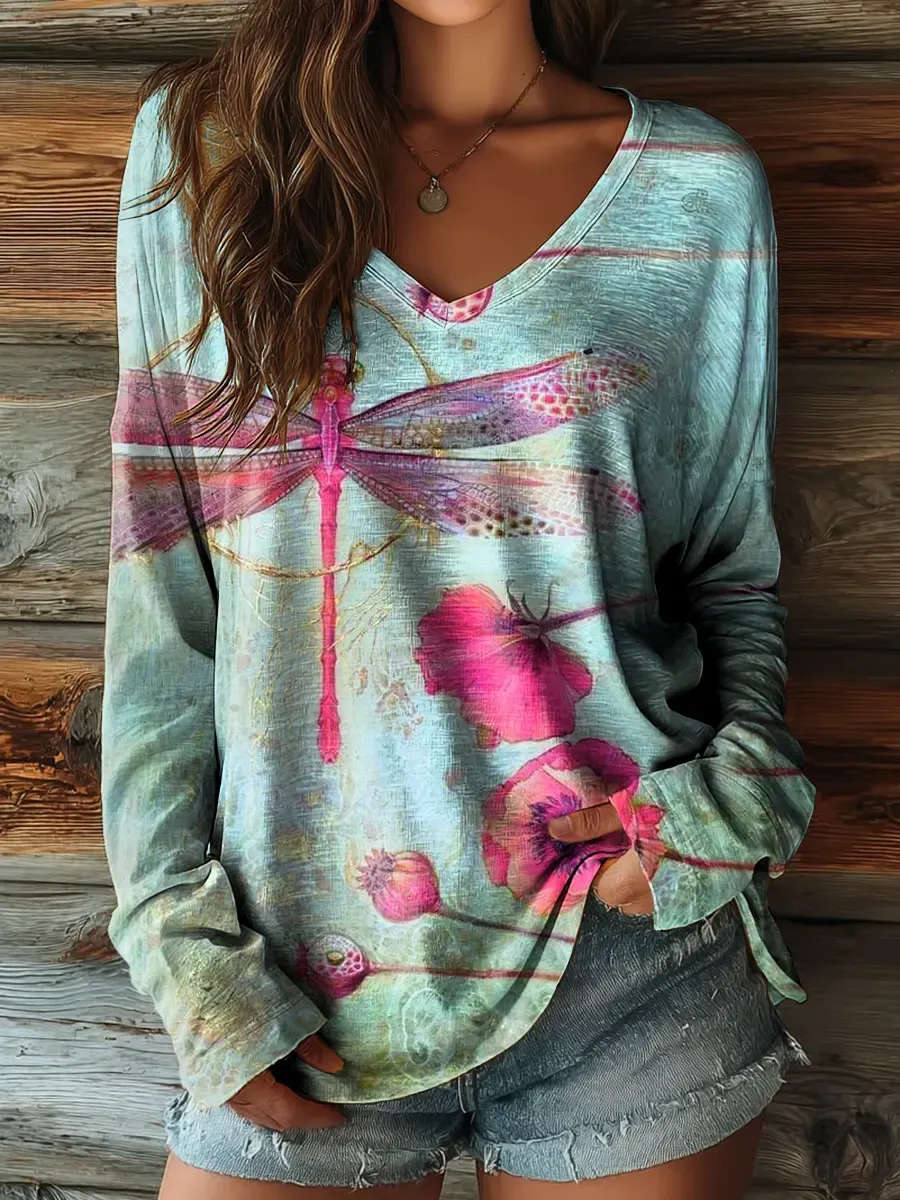 Women's Dragonfly Floral Art Print Casual V-neck Long-sleeve T-shirt