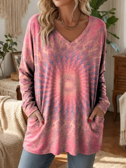 Vintage National Kaleidoscope Women's Print Casual V-neck Long Sleeve T-shirt