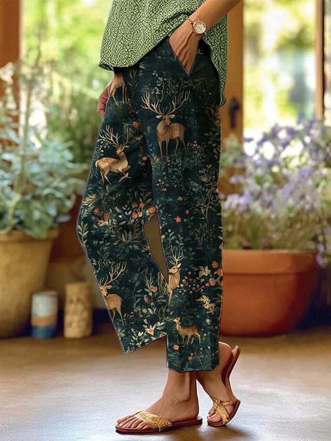 Women's Forest Floral Print Casual Pants (With Pockets)