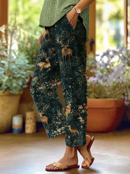 Women's Forest Floral Print Casual Pants (With Pockets)
