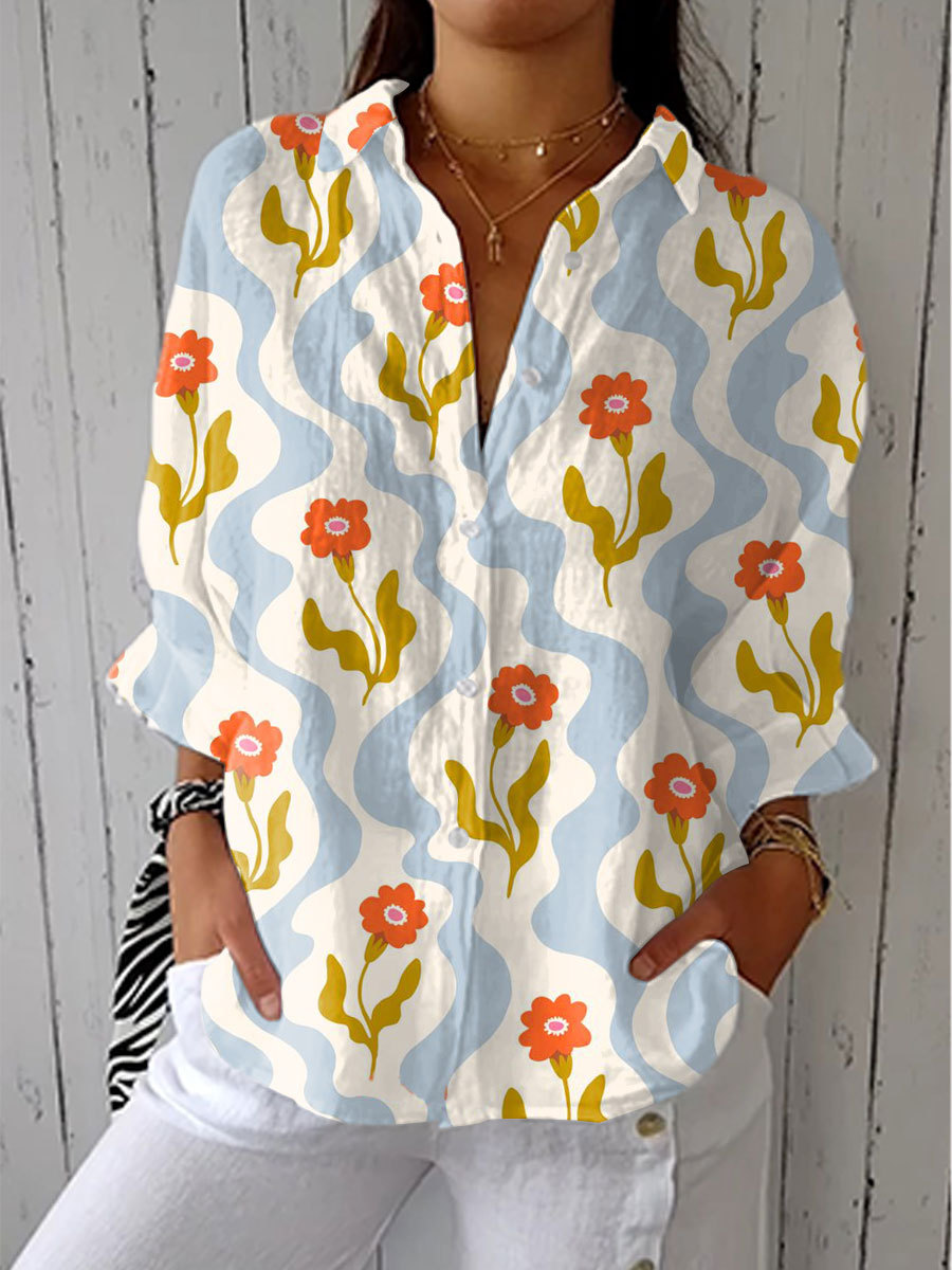 Women's Vintage Flower Art Print Casual Linen V-neck Shirt