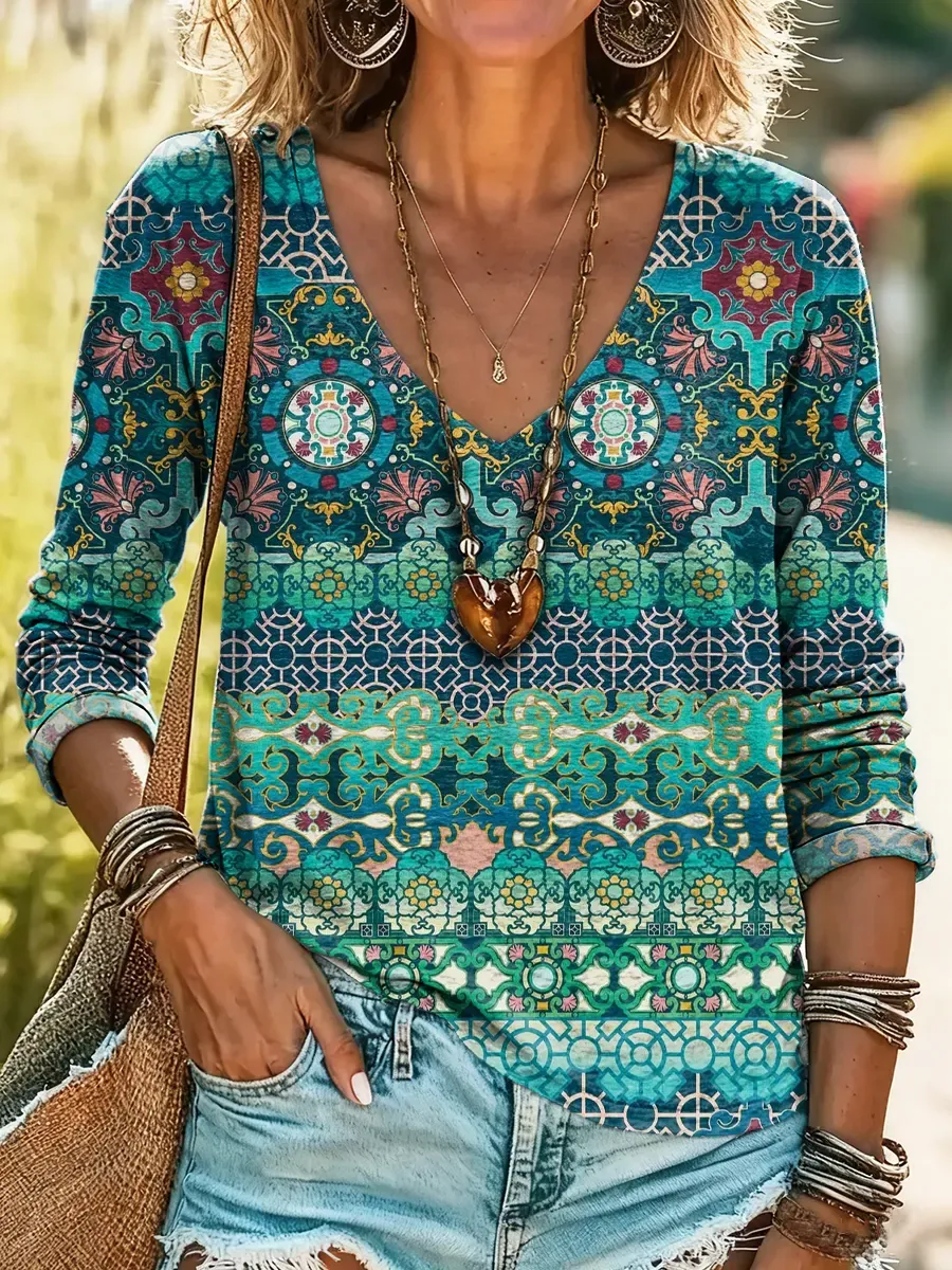 Women's Ethnic Totem Art Pattern Prints V-neck Cotton Long-sleeve T-sh