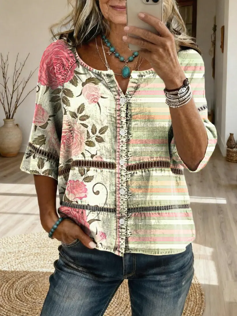 Women's Retro Floral Striped Art Print Casual Hollow-Out Top