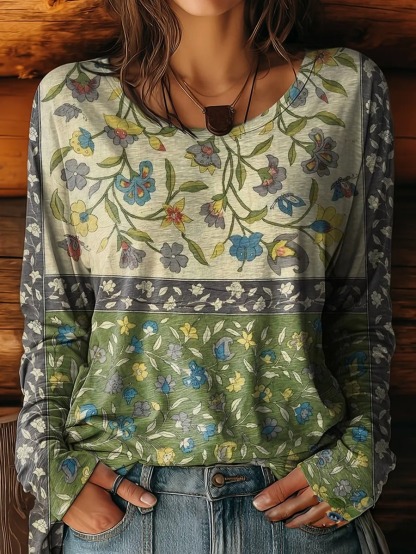 Women's Retro Floral Pattern Artistic Print Casual Round Neck Long Sleeve T-Shirt
