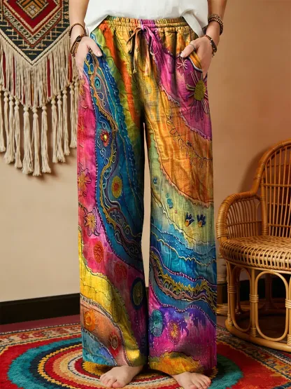 Women's Colorful Liquid Art Printed Drawstring Pocket Cotton Linen Trousers