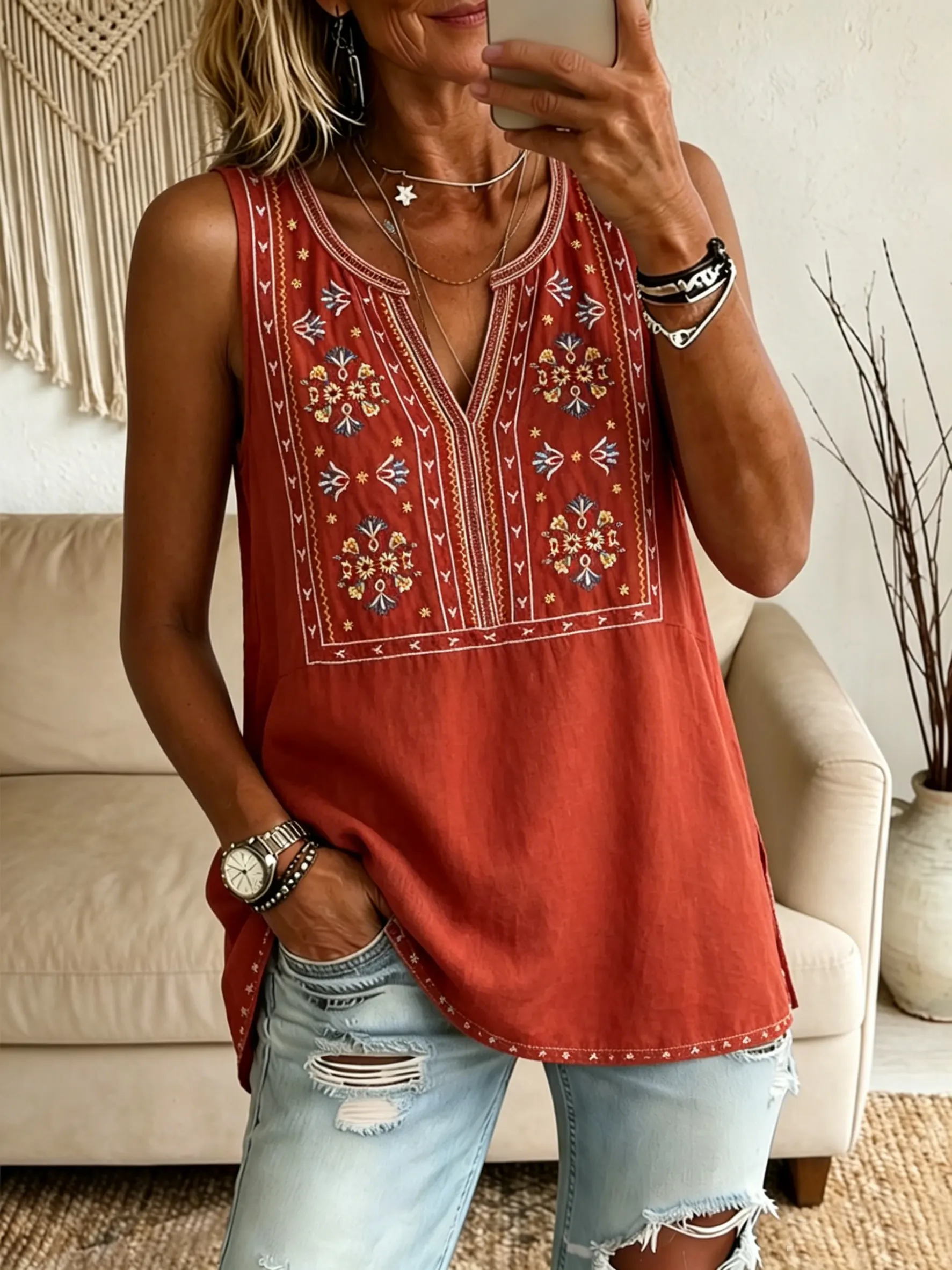 Women's Ethnic Geometric Floral V-Neck Sleeveless Tank Top