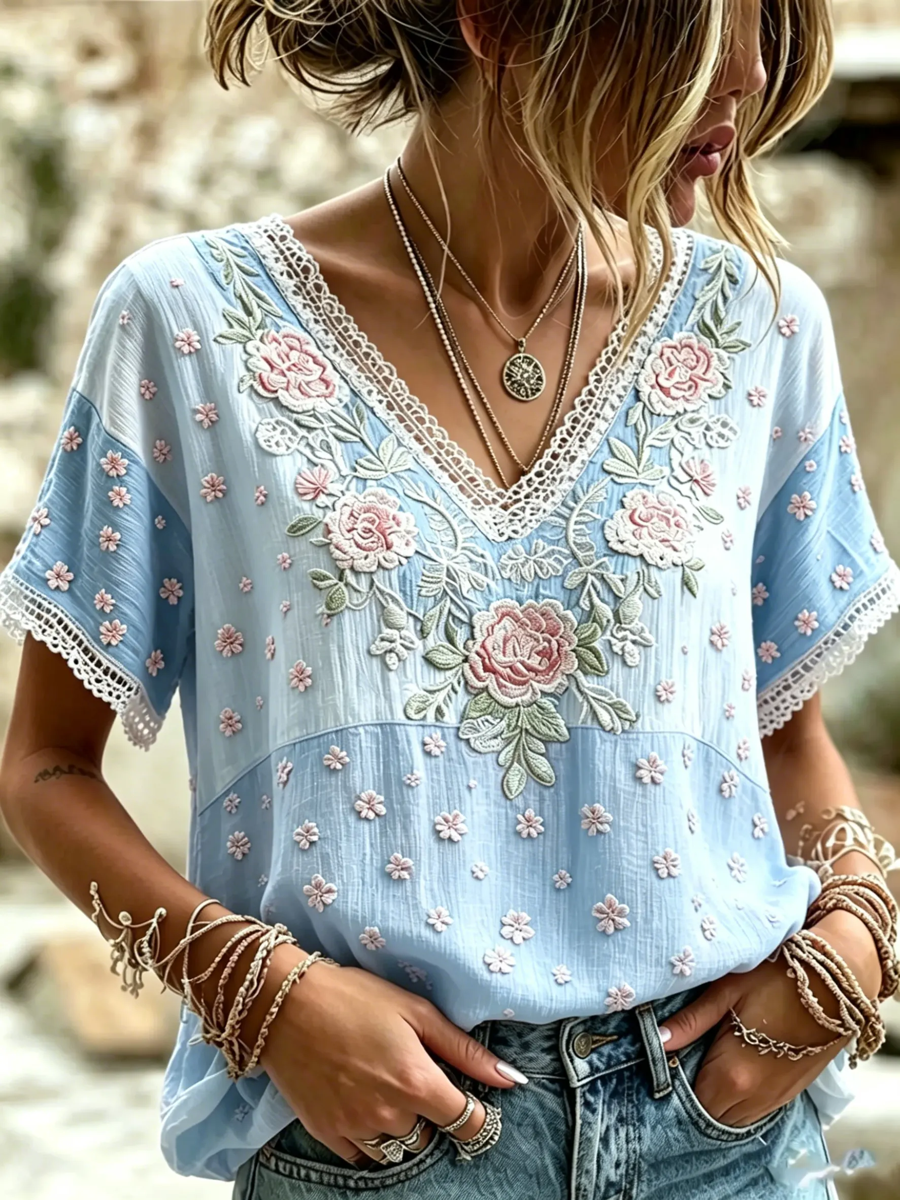 Women's Floral Patchwork Print Cotton Lace Trim V-Neck Blouse