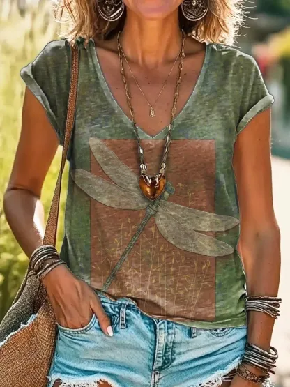 Women's Dragonfly Art Print V-neck Casual T-Shirt