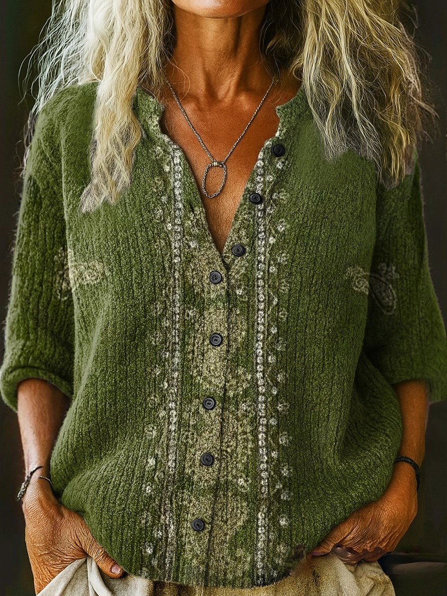 Women's Bohemian Paisley Art Pattern Print Buttoned Cardigan Sweater