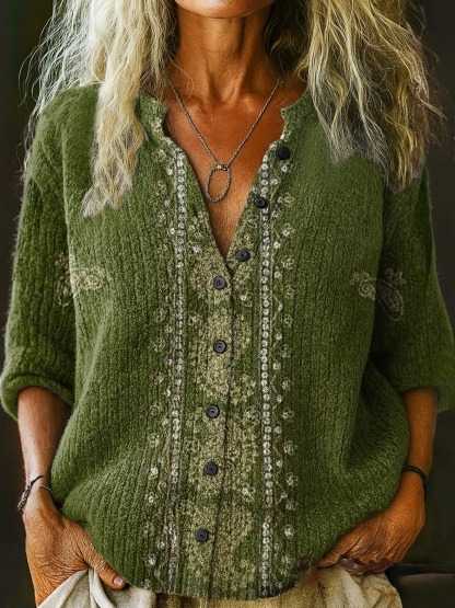 Women's Bohemian Paisley Art Pattern Print Buttoned Cardigan Sweater