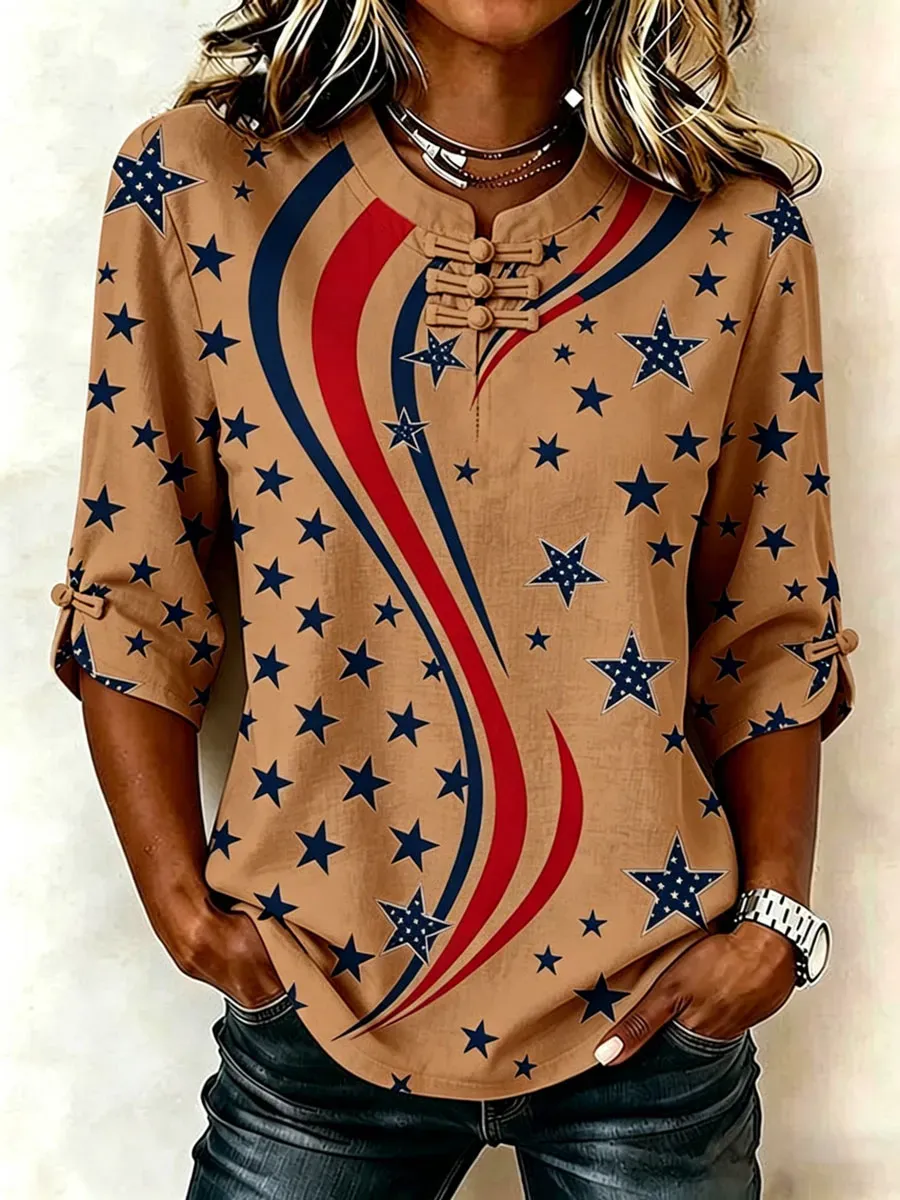 Women's Cotton Linen USA 250th Anniversary Print Shirt