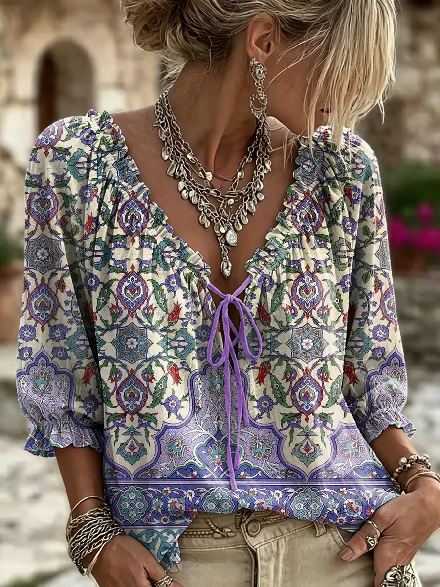 Women's Retro Ethnic Floral Art Print Casual Long-sleeved V-neck Ruffled Cotton Shirt