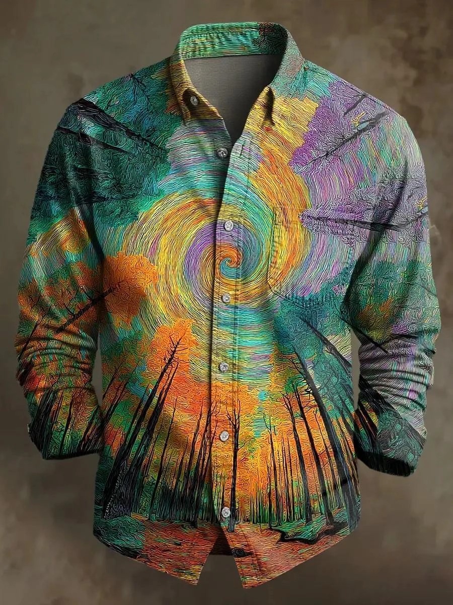 Retro Leisure Multicolor Forest Art Print 100% Cotton Long Sleeve Shirt