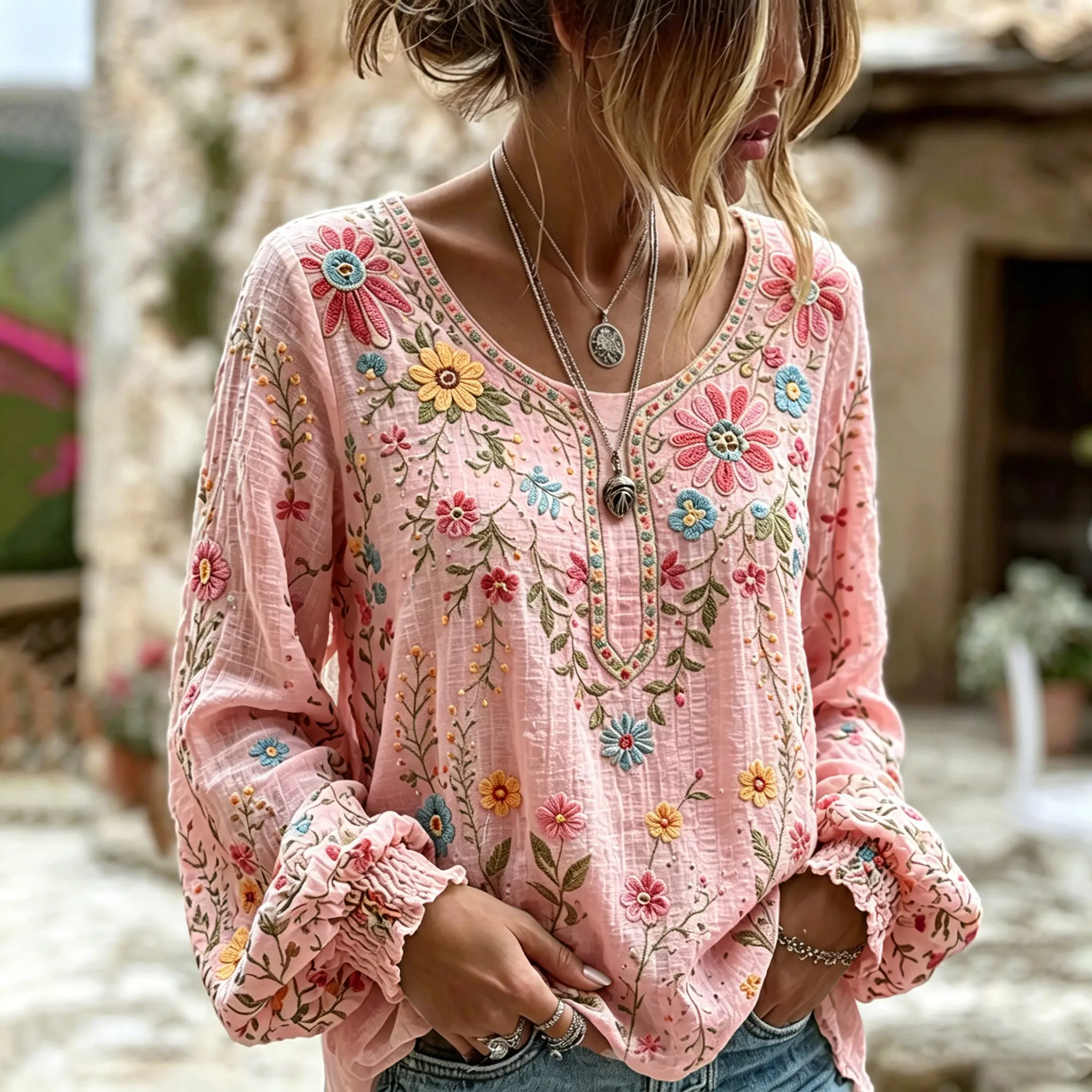 Women's Vintage Floral Art Print Flowy Linen Blend Linen Blend Long Sleeve Casual Tops