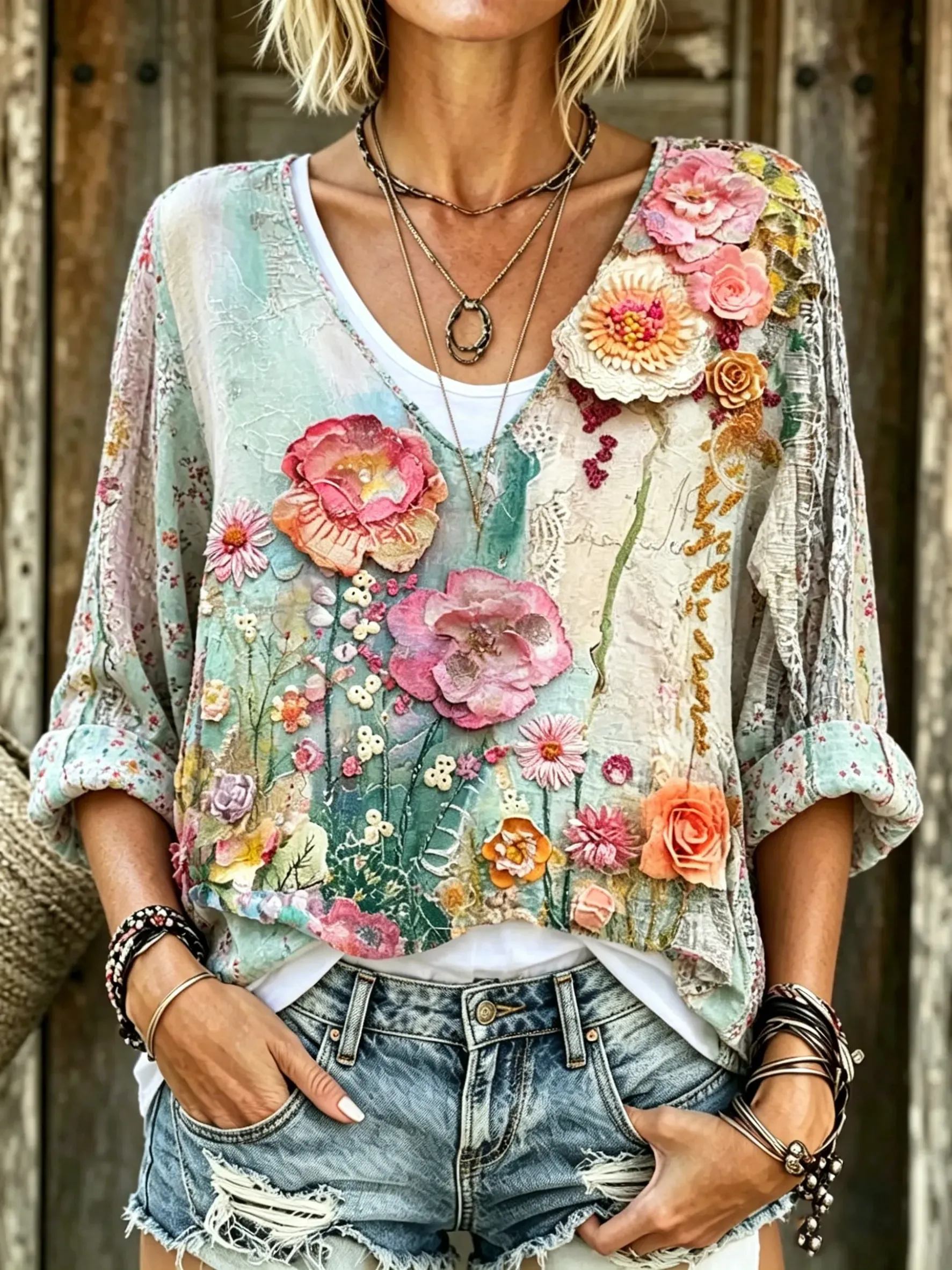 Women's Floral Print V-Neck 3/4 Sleeve Blouse